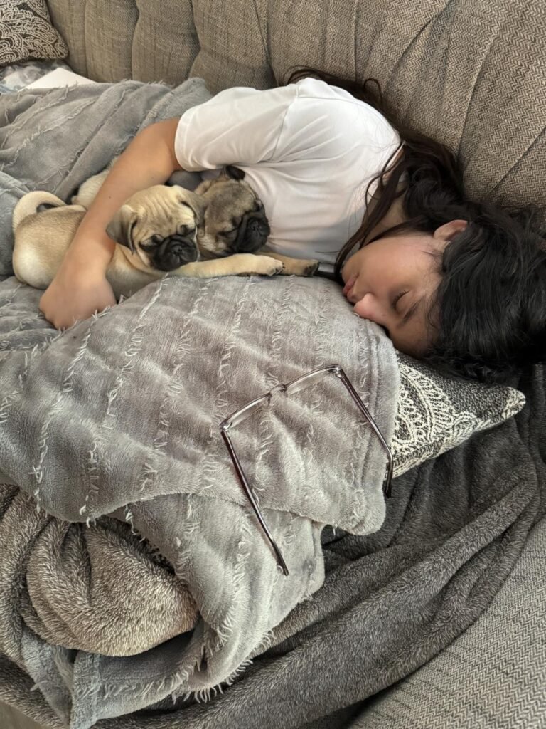 The Williams Family at home with Bentley, their pug from Pug Forever Homes